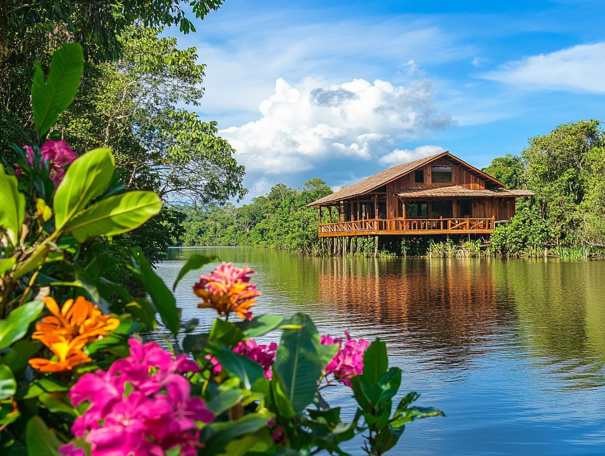 A serene view of eco-friendly lodges in the Amazon rainforest.