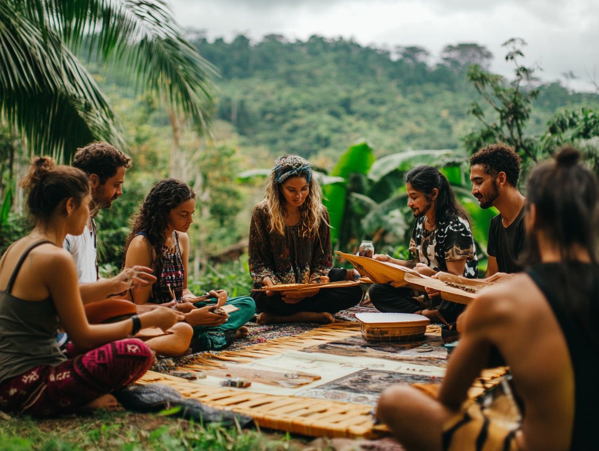 A vibrant scene of eco-conscious travel showcasing local culture and community engagement