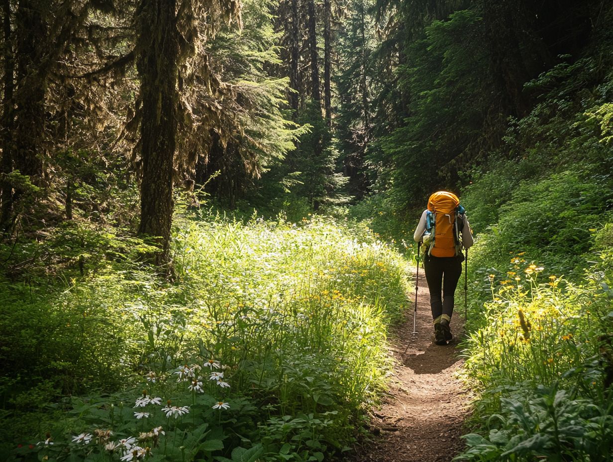 Eco-conscious trekking tips for sustainable hiking, showcasing scenic landscapes and hiking gear.